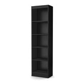 A black bookcase featuring four shelves, designed for storage and display of books and decorative items.